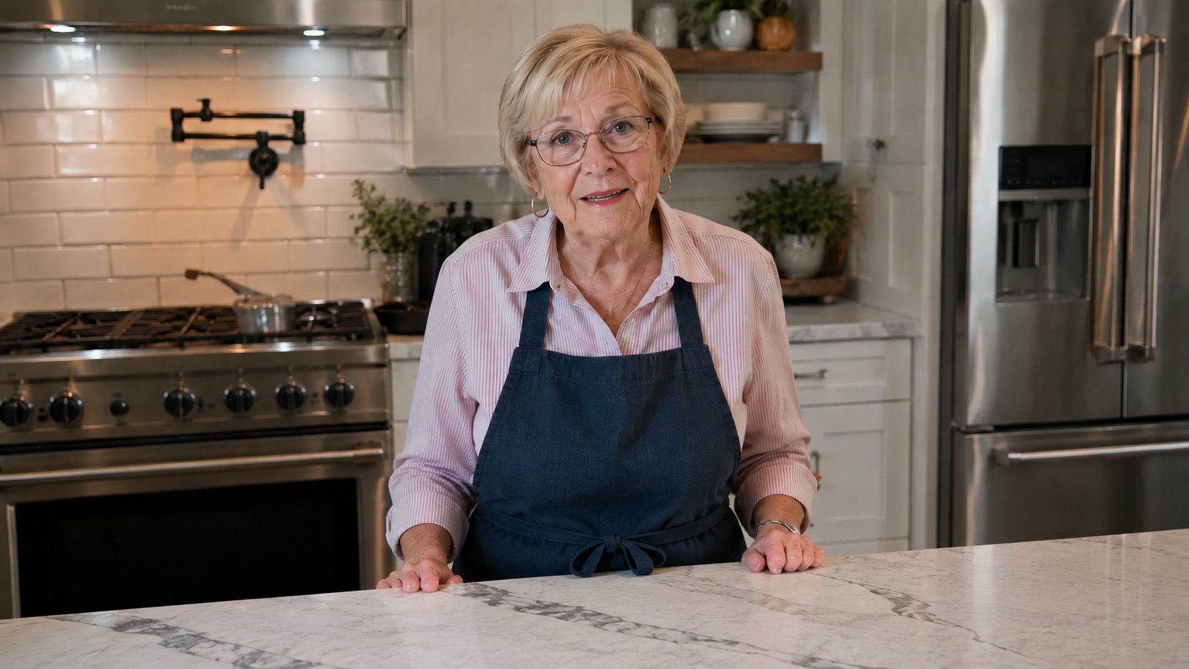 Carol in her kitchen, wearing her denim apron