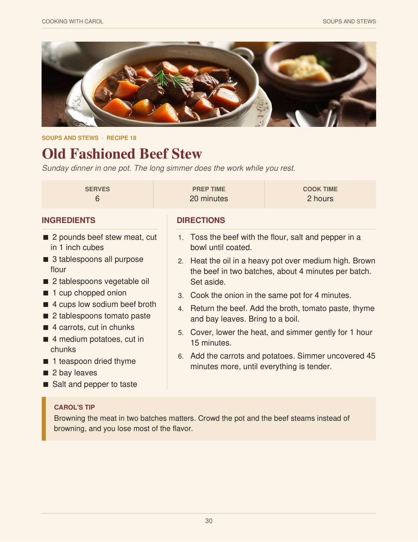 A recipe page from the cookbook showing the photo, ingredients, and numbered steps